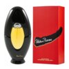 Czarno-żółty flakon perfum o opływowym kształcie stoi obok czerwonego pudełka z napisem "Paloma Picasso" oraz "Eau de Parfum Vaporisateur - Natural Spray".