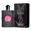 Czarne, błyszczące opakowanie perfum z różowymi akcentami, na którym widnieje napis "BLACK OPIUM Yves Saint Laurent" oraz flakon o podobnym wzorze z różowym okręgiem i tym samym napisem. Na pudełku znajduje się dodatkowy tekst: "EAU DE PARFUM NEON VAPORISATEUR - SPRAY 2.5 fl. oz. e 75 ml".