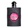 Czarno-różowy flakon perfum z brokatowym wykończeniem, na którym widnieje napis "BLACK OPIUM Yves Saint Laurent". Na korku znajduje się logo "Yves Saint Laurent".