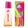 Butelka wody toaletowej z różową zakrętką i napisem "adidas get ready! eau de toilette" obok kolorowego pudełka z napisem "adidas get ready! for her eau de toilette 50 ml e 1.7 fl oz vaporisateur/natural spray".