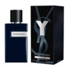 Ciemnoniebieska butelka perfum z metalicznym napisem "Yves Saint Laurent" obok czarnego pudełka z dużą literą "Y" i napisami "LE PARFUM", "VAPORISATEUR - SPRAY", "3.3 fl.oz.", "e 100 ml", oraz "yslbeauty.com".