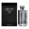 Czarne opakowanie z białym napisem "L'Homme Prada Milano" oraz przezroczysta butelka z napisem "Prada". Na dole opakowania widnieje tekst: "Eau de Toilette Vaporisateur Spray 100ml 3.4 FL OZ".