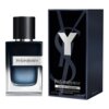 Na zdjęciu widoczna jest butelka perfum oraz pudełko z napisem "Yves Saint Laurent Y Eau de Parfum". Na pudełku znajduje się dodatkowy tekst: "Vaporisateur Rechargeable Refillable Spray 2.0 fl. oz. e 60 ml".