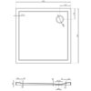 Rysunek techniczny przedstawia kwadratowy brodzik o wymiarach 850 x 850 mm z otworem odpływowym o średnicy 90 mm, umieszczonym 170 mm od krawędzi. Widoczne są szczegółowe wymiary i przekrój boczny brodzika, z oznaczeniami takimi jak "57,5" i "120".
