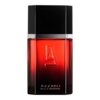 Czerwony flakon perfum z czarną nakrętką, na którym widnieje wytłoczone logo w kształcie litery "A" oraz napis "AZZARO POUR HOMME".