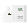 Biały flakon perfum z zielonym logo krokodyla obok białego pudełka z napisem "LACOSTE" i "EAU DE LACOSTE L.12.12 Blanc - Pure, Eau de Toilette Pour Homme, Vaporisateur Natural Spray, 50 ml e 3.3 FL. OZ.".