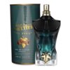 Na zdjęciu widoczna jest butelka perfum w kształcie torsu oraz opakowanie w kolorze zielonym z napisem "Jean Paul Gaultier 'Le Beau' Le Parfum". Na opakowaniu znajduje się również napis "Eau de Parfum Intense, Vaporisateur Natural Spray, e125 ml - 4.2 FL OZ".