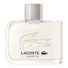 Przezroczysta butelka z przezroczystym płynem, na której widnieje wytłoczony krokodyl oraz czarny napis "LACOSTE ESSENTIAL" z logo krokodyla poniżej. Srebrny korek znajduje się na górze butelki.
