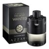 Czarne opakowanie z napisem "AZZARO THE MOST WANTED Eau de Toilette Intense" oraz flakon perfum o cylindrycznym kształcie z teksturą i napisem "AZZARO" na dole. Pojemność 100 ml, Vaporisateur Spray 3.38 Fl.