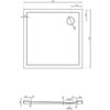 Rysunek techniczny przedstawia kwadratowy brodzik o wymiarach 750 x 750 mm z otworem odpływowym o średnicy 90 mm, umieszczonym 170 mm od krawędzi. Widoczne są również przekroje boczne z wymiarami szczegółowymi, takimi jak wysokość 40 mm i inne oznaczenia wymiarowe.