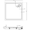 Rysunek techniczny przedstawia kwadratowy brodzik o wymiarach 90 x 90 cm z otworem odpływowym o średnicy 90 mm, umieszczonym 170 mm od krawędzi. Widoczne są szczegółowe wymiary i przekrój boczny brodzika, w tym wysokość 120 mm i dodatkowe oznaczenia dotyczące konstrukcji.