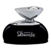 Czarny flakon perfum o eleganckim, zaokrąglonym kształcie z metaliczną, srebrną nakrętką ozdobioną przezroczystym kamieniem. Na flakonie widnieje napis: "Haramain Dazzle Intense".