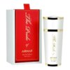 Biały flakon perfum z złotymi akcentami stoi obok czerwonego opakowania z napisem "The Pride of Armaf Eau de Parfum Pour Femme". Na flakonie widnieje podobny napis, a całość prezentuje elegancki design.