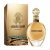 Złote opakowanie i flakon perfum z napisem "roberto cavalli" oraz "EAU DE PARFUM" o pojemności 75 ml, z ozdobnym wzorem przypominającym skórę zwierzęcia. Na opakowaniu widoczny jest również emblemat w kształcie stylizowanych liter.