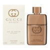 Na zdjęciu widoczna jest butelka perfum oraz pudełko z napisem "GUCCI GUILTY" i logo producenta. Na pudełku znajduje się tekst: "EAU DE PARFUM INTENSE POUR FEMME, 50 ml, VAPORISATEUR NATURAL SPRAY, 1.6 FL.OZ."