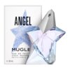 Na zdjęciu widoczna jest butelka perfum w kształcie gwiazdy oraz opakowanie z napisem "ANGEL" i "MUGLER" z niebieską gwiazdą w tle. Na opakowaniu znajduje się tekst: "Eau de Toilette Étoile Rechargable Refillable" oraz oznaczenie pojemności "30 mL".