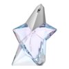 Flakon perfum w kształcie gwiazdy, wykonany z przezroczystego szkła z delikatnym niebieskim odcieniem, posiada srebrną nasadkę z atomizerem. Produkt to "Mugler Angel Eau De Toilette 2019 woda toaletowa 30 ml Refillable".