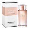 Na zdjęciu widoczna jest butelka perfum oraz pudełko z napisem "Fleur de Pêcher" i "Les Parfums Matières". Na dole pudełka znajduje się napis "Karl Lagerfeld Eau de Parfum 100 ml 3.3 FL.OZ.".