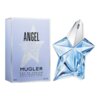 Na zdjęciu znajduje się flakon perfum w kształcie niebieskiej gwiazdy oraz pudełko z napisem "ANGEL MUGLER EAU DE PARFUM ETOILE RECHARGEABLE REFILLABLE STAR 100 ml 2.4 Fl. Oz.". Pudełko ma jasnoniebieski kolor z dużą, błyszczącą gwiazdą.