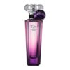 Fioletowy flakon perfum o gradientowym wykończeniu z przezroczystym korkiem i ozdobną fioletową różą. Na flakonie widoczny jest tekst: "Trésor Midnight Rose" oraz "Lancôme Paris".