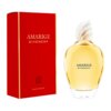 Czerwone opakowanie z napisem "AMARIGE GIVENCHY" oraz flakon perfum o złocistym płynie i białej zakrętce, z napisem "AMARIGE GIVENCHY". Na opakowaniu widnieje również napis "EAU DE TOILETTE 50 ML 1.7 FL. OZ".