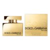 Złoty flakon perfum obok złotego pudełka z napisem "GOLD DOLCE & GABBANA the one" oraz "EAU DE PARFUM INTENSE 50 ml e 1.6 FL.OZ". Na flakonie widnieje napis "DOLCE & GABBANA the one".