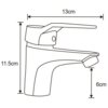 Czarno-biały schematyczny rysunek baterii łazienkowej z wymiarami: wysokość 11,5 cm, długość 13 cm, wysokość wylewki 6 cm.