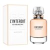 Biały kartonik z napisem "L'INTERDIT GIVENCHY EAU DE TOILETTE" oraz przezroczysta butelka perfum z czarnym napisem "L'INTERDIT GIVENCHY". Na kartoniku widoczne są także oznaczenia "80 ML" i "2.7 FL OZ".