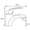 Ilustracja przedstawia schematyczny rysunek baterii łazienkowej z wymiarami: wysokość 13 cm, długość 14 cm, wysokość wylewki 5 cm.