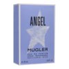 Fioletowe opakowanie perfum z białą gwiazdą i czarnym napisem "ANGEL" oraz "MUGLER" poniżej. Dodatkowy tekst: "EAU DE PARFUM ETOILE RECHARGEABLE REFILLABLE STAR" oraz "e 25 mL 0.8 Fl. Oz.".