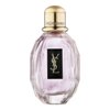 Butelka perfum o fioletowym odcieniu z czarną etykietą i złotymi literami "YSL" na środku, z złotym korkiem z napisem "Yves Saint Laurent".