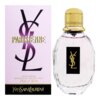 Fioletowe opakowanie z dużym logo "YSL" i napisem "PARISIENNE" obok przezroczystego flakonu perfum z czarną etykietą i złotym logo "YSL". Na opakowaniu widnieje tekst: "EAU DE PARFUM VAPORISATEUR - NATURAL SPRAY 3 fl. oz. ℮ 90 ml" oraz "Yves Saint Laurent".