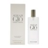 Na zdjęciu widoczna jest butelka i pudełko perfum z napisem "ACQUA DI GIÒ GIORGIO ARMANI" oraz "EAU DE TOILETTE POUR HOMME" o pojemności 15 ml (0.5 FL. OZ.). Butelka ma matowe wykończenie i prosty, elegancki design.