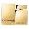 Złoty flakon perfum obok złotego pudełka z napisem: "GOLD DOLCE & GABBANA the one FOR MEN EAU DE PARFUM INTENSE 100 ml e 3.3 FL.OZ". Na flakonie widnieje napis: "DOLCE & GABBANA the one".