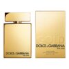 Złoty flakon perfum obok złotego pudełka z napisem "GOLD DOLCE & GABBANA the one". Na pudełku widnieje także tekst: "POUR HOMME EAU DE PARFUM INTENSE MADE IN ITALY 100 ml e 3.3 FL.OZ.".