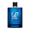 Niebieska butelka perfum z czarnym korkiem, na której widnieje srebrny napis "CR7" oraz biały napis "CRISTIANO RONALDO" i niebieski "Play it Cool".