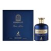 Granatowe opakowanie i flakon perfum z napisem "AMBERLEY Ombre Blue" oraz logo przedstawiającym jelenia. Na opakowaniu widnieje tekst: "Maison Alhambra, Eau de Parfum, Natural Spray, Vaporisateur, 100 ml, 3.4 FL.OZ".