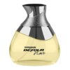 Butelka perfum o pojemności 100 ml z przezroczystego szkła, wypełniona żółtawym płynem, z metalicznym, srebrnym korkiem o nieregularnym kształcie. Na butelce widnieje napis: "HARAMAIN DÉTOUR Noir".