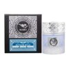 Czarne opakowanie z białym wzorem i napisem "MAWJ PARIS CORNER HIGH QUALITY BLEND" oraz etykietą "MOSCOW MULE MUSKY / CITRUS EAU DE PARFUM VAPORISATEUR 3.4FL.OZ 100ML". Obok znajduje się przezroczysty flakon z wzorem w romby i etykietą "EAU DE PARFUM MAWJ MOSCOW MULE PARIS CORNER".