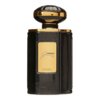 Czarny flakon perfum o prostokątnym kształcie z ozdobnym złotym korkiem, na którym widnieje napis: "HARAMAIN Junoon Noir POUR FEMME EAU DE PARFUM".