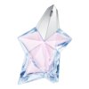 Flakon perfum w kształcie gwiazdy, wykonany z przezroczystego szkła z różowym wnętrzem i srebrnym korkiem. Produkt to "Mugler Angel Eau De Toilette 2019 woda toaletowa 100 ml".