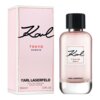 Na zdjęciu widoczna jest różowa butelka perfum oraz pasujące do niej opakowanie. Na obu znajduje się napis: "Karl Tokyo Shibuya", a na opakowaniu dodatkowo: "Karl Lagerfeld Eau de Parfum Pour Femme 100 ml e 3.3 FL. OZ.".