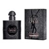 Czarne, błyszczące opakowanie perfum z napisem "BLACK OPIUM Yves Saint Laurent" obok pudełka z tym samym napisem oraz dodatkowymi informacjami: "EAU DE PARFUM EXTREME VAPORISATEUR - SPRAY 30 ml".