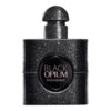 Czarne, błyszczące opakowanie perfum z widocznym napisem "BLACK OPIUM Yves Saint Laurent" na okrągłej etykiecie. Flakon ma prostokątny kształt z zaokrąglonym korkiem.