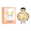 Na zdjęciu widoczna jest butelka perfum o ozdobnym wzorze roślinnym oraz pudełko z napisem "OLYMPÉA SOLAR" i "paco rabanne EAU DE PARFUM INTENSE 80 ml e 2.7 FL OZ". Pudełko ma jasnoróżowy kolor z motywem złotych skrzydeł.