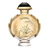 Flakon perfum o pojemności 80 ml z napisem "OLYMPÉA" na froncie, ozdobiony złotymi detalami w kształcie liści i czarnym korkiem. Szkło jest przezroczyste, ukazując złocisty płyn wewnątrz.