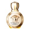 Złoty flakon perfum z ozdobnym wzorem i wytłoczonym logo przedstawiającym głowę Meduzy. Na flakonie widnieje napis: "VERSACE EROS POUR FEMME".