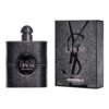 Czarne, błyszczące opakowanie perfum z napisem "BLACK OPIUM Yves Saint Laurent" obok pudełka z tym samym wzorem i napisem. Na pudełku widnieje dodatkowy tekst: "EAU DE PARFUM EXTREME 90 ml".