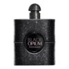 Czarne, błyszczące opakowanie perfum z napisem "BLACK OPIUM" oraz "YVES SAINT LAURENT" na okrągłej etykiecie. Flakon ma prostokątny kształt z zaokrąglonymi krawędziami i widocznym atomizerem na górze.