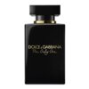 Czarny flakon perfum z napisem "Dolce & Gabbana The Only One" w kolorze złotym na przedniej stronie. Flakon ma prostokątny kształt z eleganckim, złotym akcentem pod nakrętką.